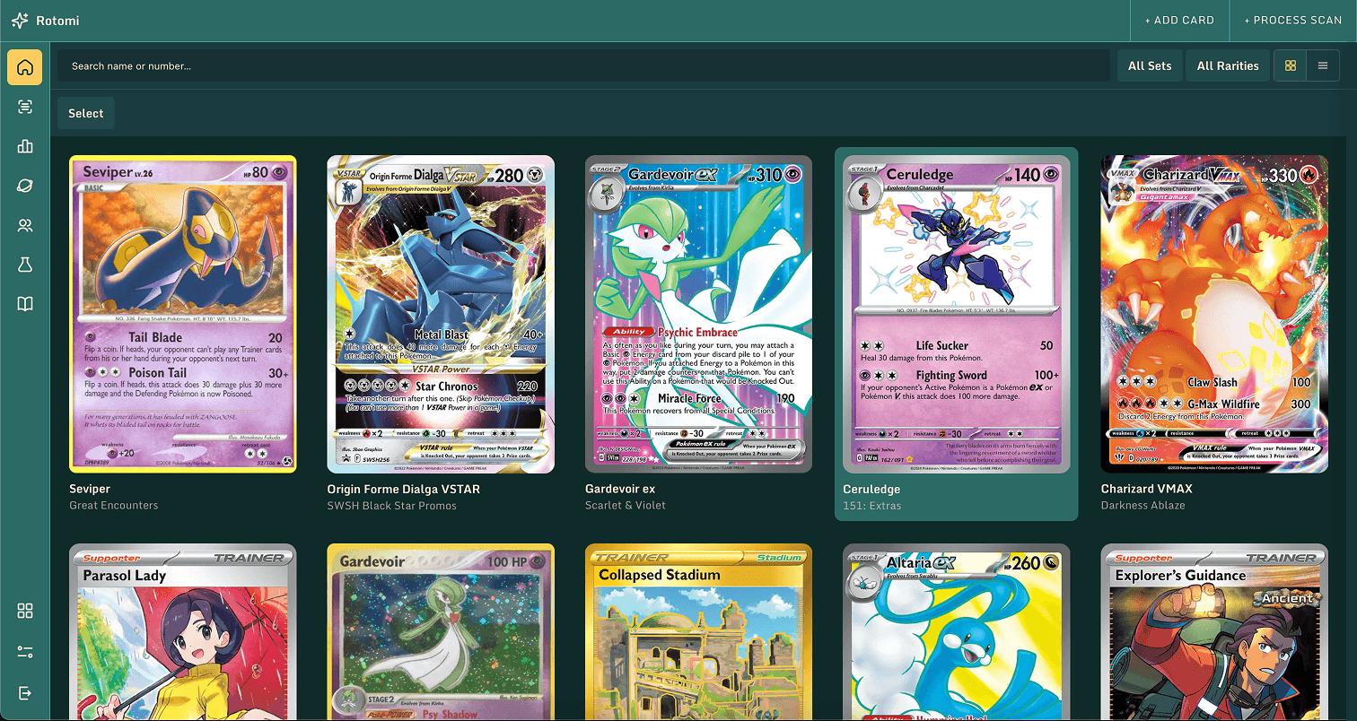 Rotomi app showing a collection of Pokemon cards